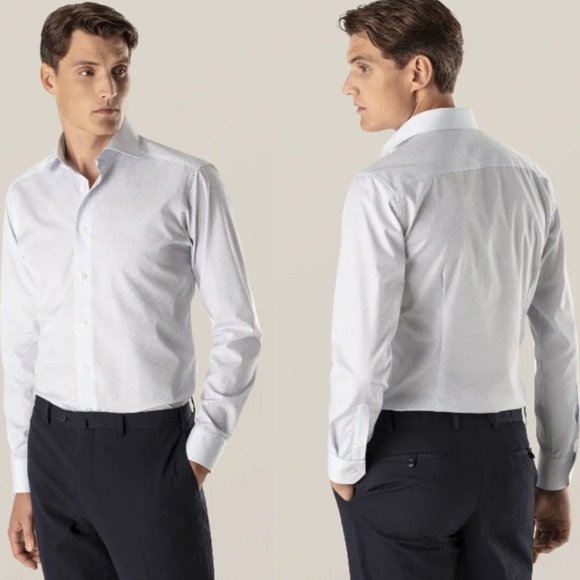 Eton | Slim Fit Micro Print Poplin Shirt in Navy & White - Picture 2 of 12